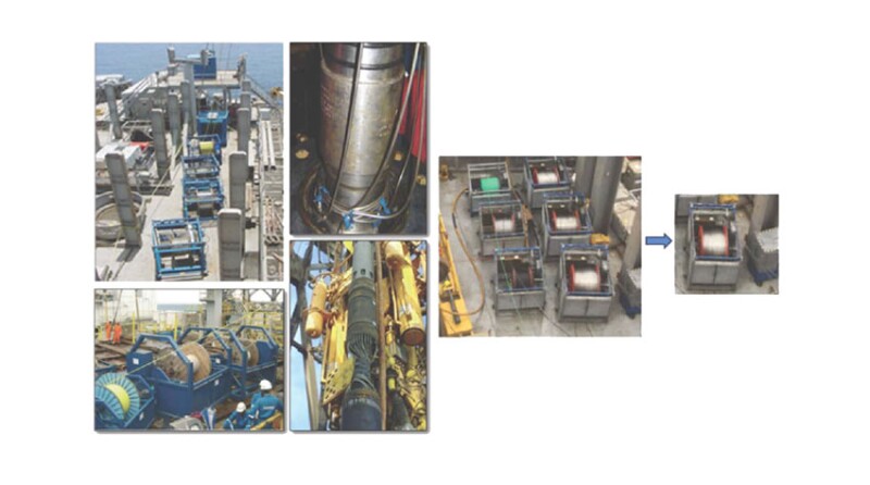 Fig. 1—Photographs of hydraulic installations in contrast with the expected simplification with all-electric system installations.