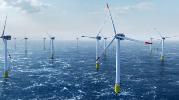 Offshore wind power and energy farm with many wind turbines on the ocean