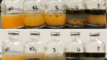bottles show how various friction reducers performed over 2 hours (top) and 24 hours in Chevron lab testing