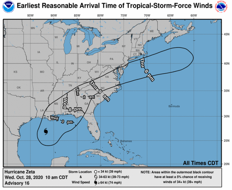 Map showing possible path of Hurricane Zeta