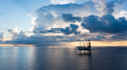 Offshore jack up rig in aerial view in the middle of the ocean taken by a drone