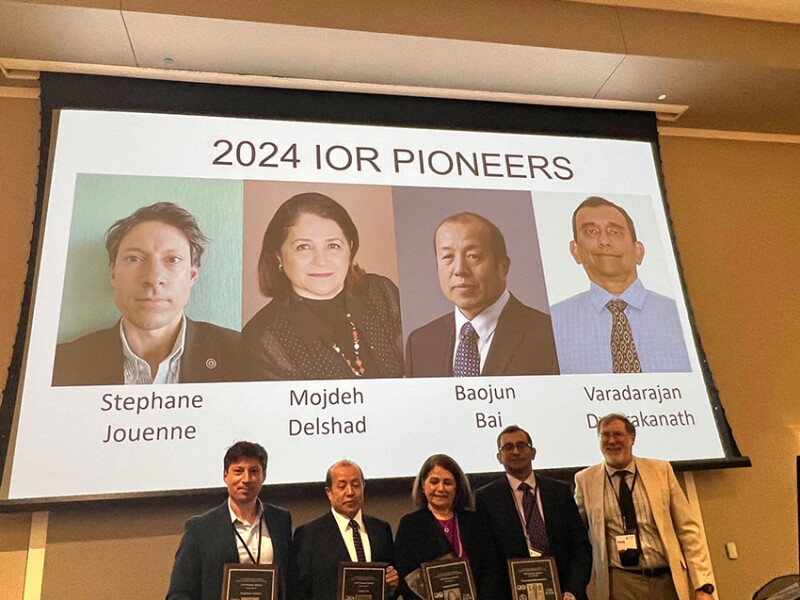 From left, IOR Pioneers Stephane Jouenne, Baojun Bai, Mojdeh Delshad, and Varadarajan Dwarakanath, and Awards Committee Chairman Randy Seright.