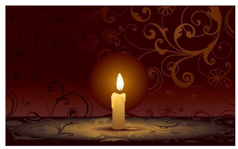 Single candle on background with scrolls