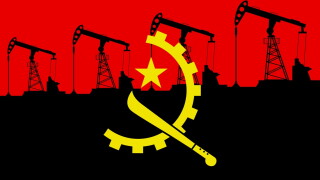 Oil pump on background of flag of Angola. Vector illustration