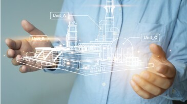 Women holding Oil, gas and petrochemical refinery plant futuristic hologram,