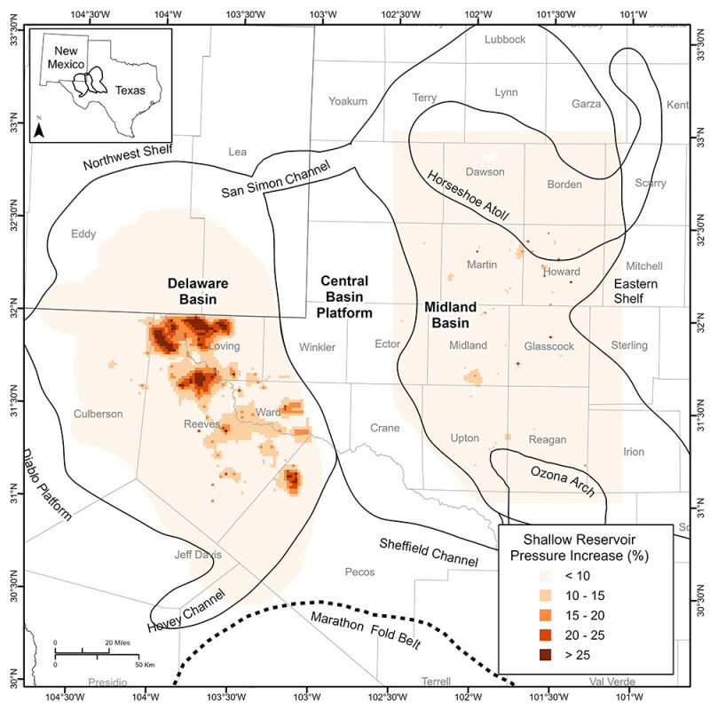 Fig. 2—Pressure increase (%) in shallow reservoirs from 1983 to 2025, showing that in some areas of the Texas Delaware Basin, initial reservoir pressure has increased by 25% or more. Source: The University of Texas at Austin.