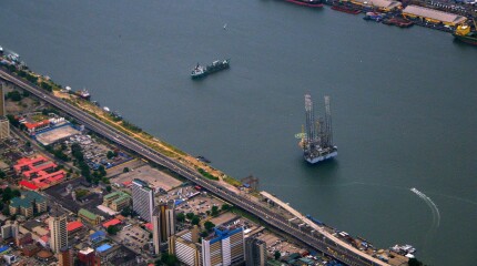 Lagos Island waterfront, Port of Lagos (container terminal) and oil platform on Lagos Lagoon, Nigeria