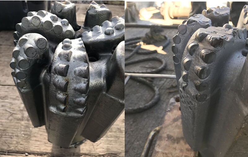 Polycrystalline diamond compact drilling bits before, left, and after drilling, right, in the steam-production zone. Source: Sam Noynaert
