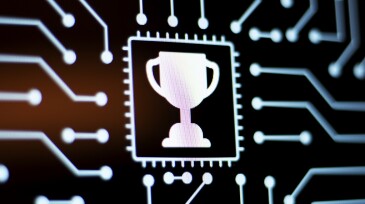 Technology Background and Circuit Board With Trophy Award icon. Close-Up Computer Screen Concept.