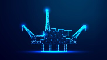 Offshore Jack Up Rig in The Middle of The Sea, oil industry. abstract low poly wireframe mesh design. from connecting dot and line. vector illustration.futuristic design on dark blue background