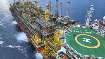 Aerial view of the Liza Unity FPSO topsides in the field in Guyana. This FPSO capable of handling 220,000 BOPD was the second of ExxonMobil’s developments in Guyana; it achieved first oil in February 2022. Source: ExxonMobil.