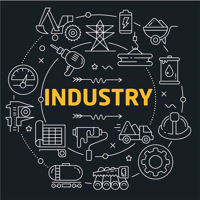 Graphic with icons for various aspects of industry