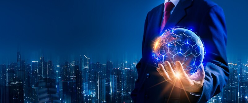 Businessman hand holding blue earth and global networking connection,blockchain,virtual technology,big data,iot,rpa,artificial intelligence(ai),network concept,Elements of this image furnished by NASA