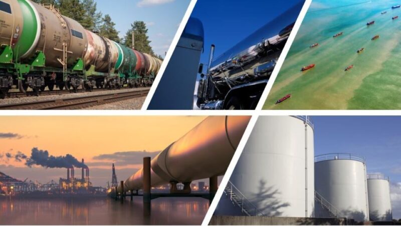 Collage showing railroad tank cars, a pipeline, oil tankers on the ocean, and large storage tanks