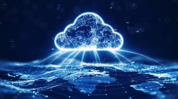 data transfer cloud computing technology concept. There is a large prominent cloud icon in the center with internal connections. and small icon on abstract world map polygon with dark blue background.