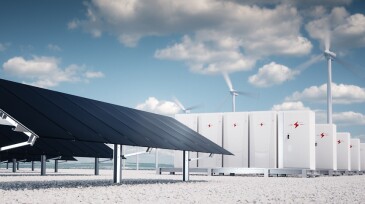 This 3D rendering shows a concept of renewable energy storage consisting of efficient dark solar panel panels, a modular battery energy storage system, and a wind turbine system.