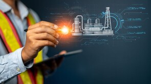 Engineers inspect power plant and analyze the data of the generated using hologram HUD.