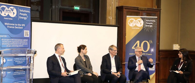 Panelists (from left) Régis Agut, Vice President, Conventional Offshore, TotalEnergies; Auragni Jeanson, Vice President, HR, Talent & Diversity; ENGIE; Olivier Peyret, Chairman, SLB France & Director Europe, SLB New Energy; François-Régis Mouton, Managing Director, IOGP Europe; and moderator Zahraa Alkalby, 2025 SPE France President, TotalEnergies, discuss the future of energy skills and the role of oil and gas professionals.