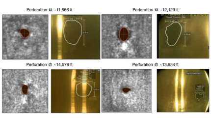 Different hole shapes from two technologies (ultrasonic by DarkVision on left, camera by EV on right).