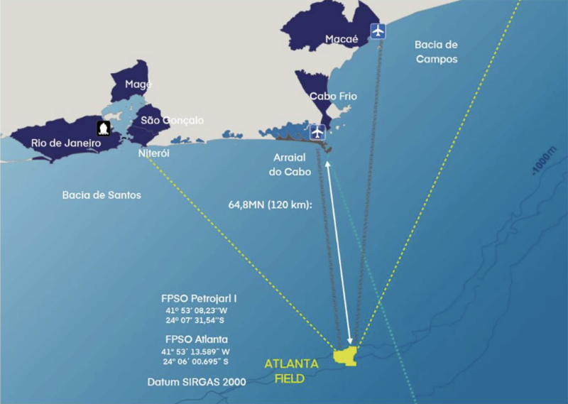 Fig. 1—The deepwater Atlanta field offshore Brazil is in the BS-4 license in the Santos Basin. Source: OTC 35600.