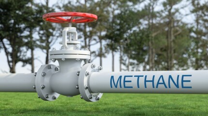 White Industrial Pipelines Transporting Methane Gas Across Green Field. Energy Infrastructure Concept