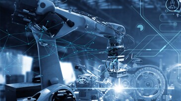 Manager Technical Industrial Engineer working and control robotics with monitoring system software and icon industry network connection on tablet. AI, Artificial Intelligence, Automation robot arm