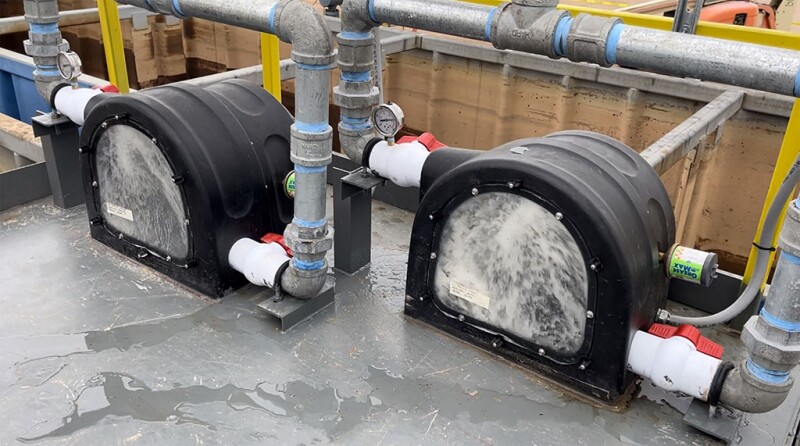 High-pressure water flowing over small turbines rated for 3,000 psi at the pumped storage hydropower pilot in Starr County, Texas.