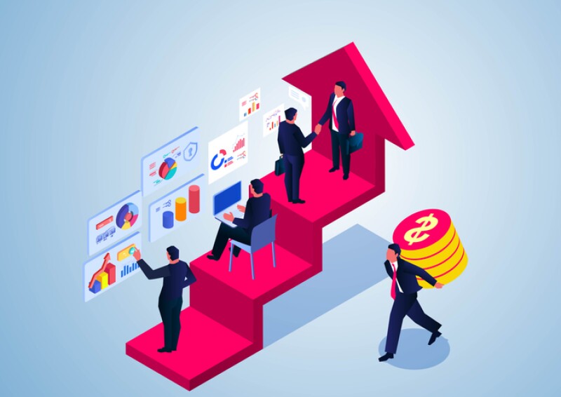 Isometric business group working on rising arrow