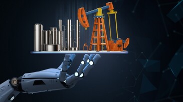 Petroleum industry technology concept with robot arm and oil refinery