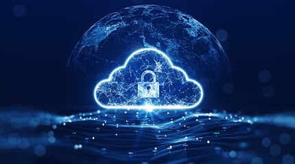 cloud computing technology concept transfer database to cloud. There is a large cloud icon that stands out in the center of the abstract world above the polygon with a dark blue background.