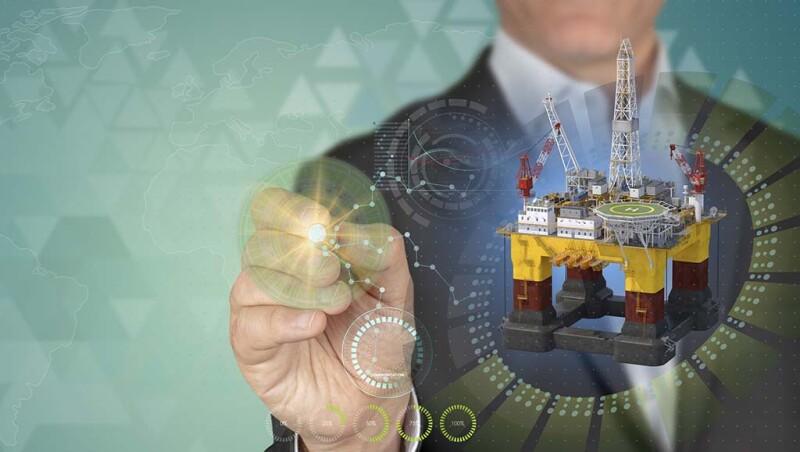 Oil and energy industry concept. Businessman pointing 3D oil rig object with pen in HUD design technological background with copy space