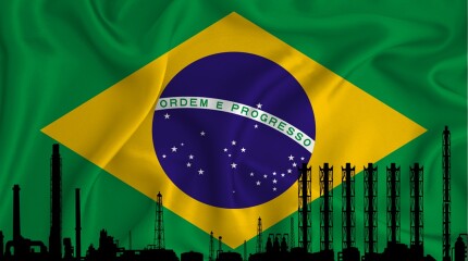 Brazil flag, background with space for your logo - industrial 3D illustration.Silhouette of a chemical plant, oil refining, gas, energy icons. heavy industry.