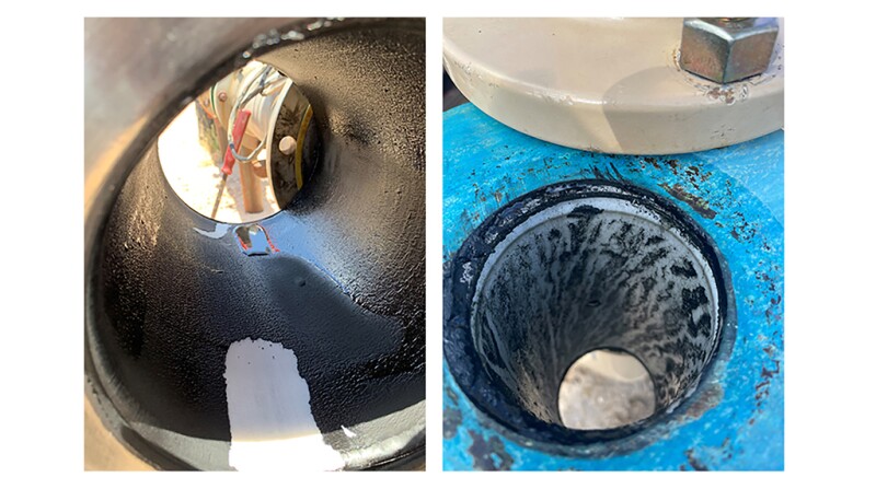 Electromagnetic flowmeter fouled with paraffin prior to AMI treatment (left); electromagnetic flowmeter 180 days post AMI treatment (right).