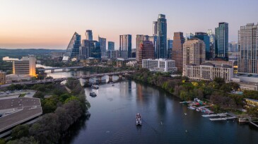 Beautiful aerial view of downtown Austin, Texas and Colorado River at sunset