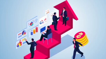 Isometric business group working on rising arrow