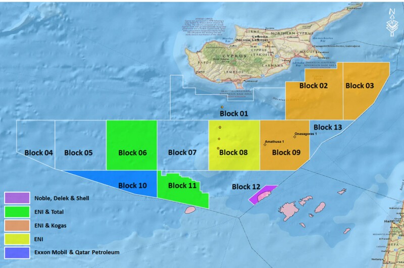 Blocks under exploration offshore Cyprus. The Aphrodite field was discovered in Block 12. Source: NewMed Energy.