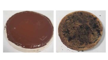 Effect of acid-treatment fluid on the 95-lbm/ft3 OCIEF 1 filter cake before treatment (left) and after treatment (right).