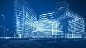 Digital graphic of a parking lot and building.