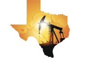 Map of Texas and oil derrick