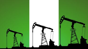 Oil pump on background of flag of Nigeria. Vector illustration