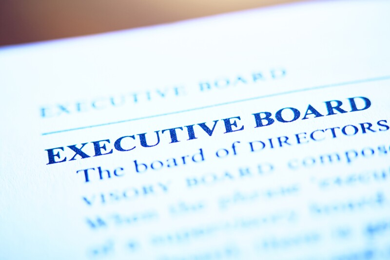 Close-up of the bold term EXECUTIVE BOARD in tight close-up shot of an entry in a business dictionary.