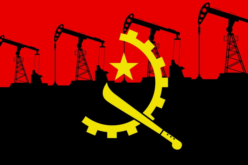 Oil pump on background of flag of Angola. Vector illustration