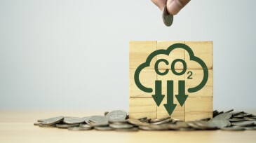 Hand putting coin with carbon reduction icon on heap of coins for carbon dioxide absorption to carbon credit footprint can make money ,limit global warming from climate change concept.