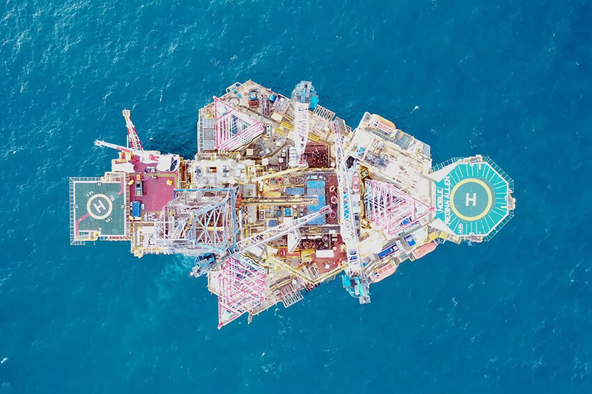 The Noble Regina Allen jackup rig arriving on location at Fenix, about 60 km offshore Tierra del Fuego in southern Argentina, used drilling automation to bring in its three gas wells. Source: TotalEnergies.
