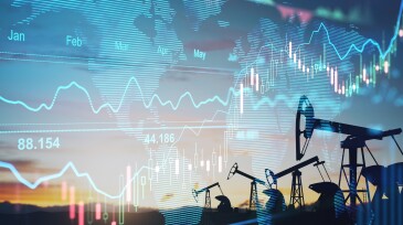 Rise in gasoline prices concept with double exposure of digital screen with financial chart graphs and oil pumps on a field.