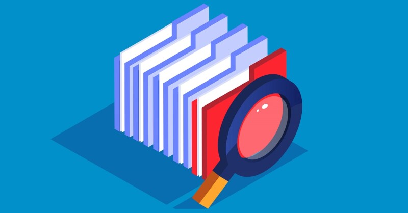 File search, magnifying glass with a bunch of folders