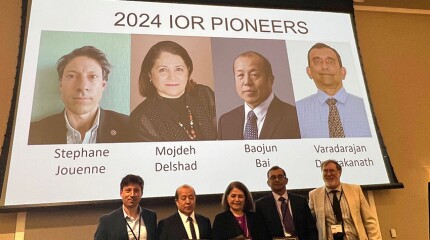 From left, IOR Pioneers Stephane Jouenne, Baojun Bai, Mojdeh Delshad, and Varadarajan Dwarakanath, and Awards Committee Chairman Randy Seright.