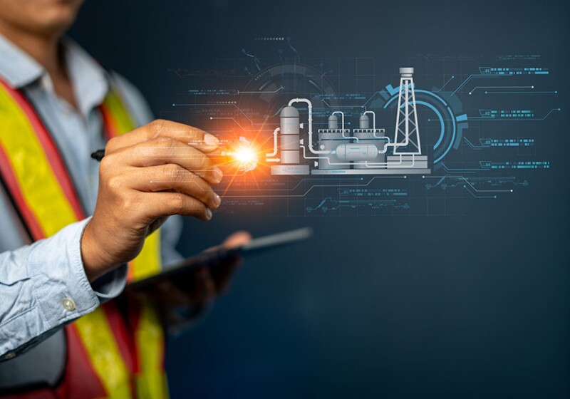 Engineers inspect power plant and analyze the data of the generated using hologram HUD.