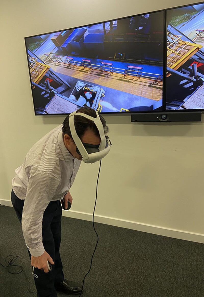 During the scaffolding VR training scenario, the user drops the scaffold pole, which hits a small-bore connector and results in a leak and a fire. Source: DNV.