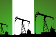 Oil pump on background of flag of Nigeria. Vector illustration